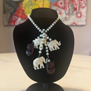 Vintage Miriam Haskell Elephant Necklace | Celluloid & Carved Wood | c.1965–1975